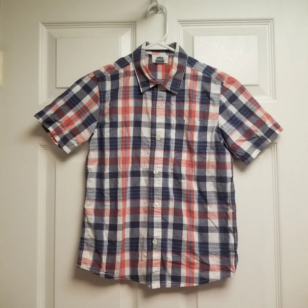Old Navy Red & Blue Plaid Striped Print Short Sleeve Button Down Preppy Polo
